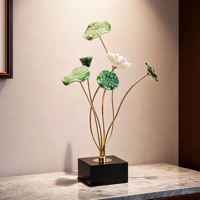 新中式荷花摆件桌面仿真花花艺轻奢陶瓷莲花中国风玄关茶室装饰品