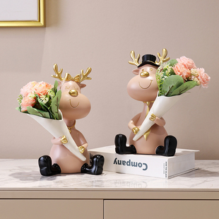 创意情侣鹿插花摆件客厅彷真花电视柜玄关柜摆设餐柜酒柜装饰品