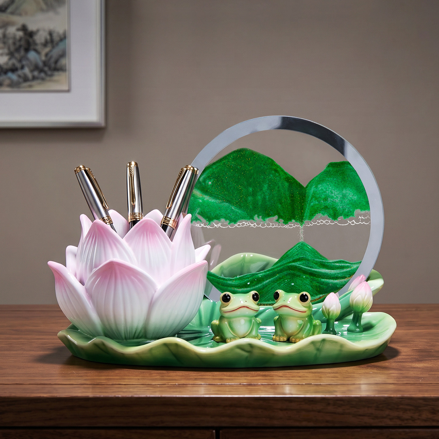 荷莲花笔筒摆件桌面办公室流沙画减压高考毕业纪念送老师礼物高档
