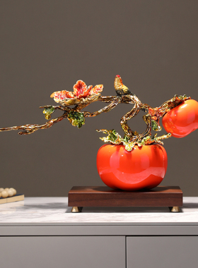 中式柿柿如意柿子摆件创意金属工艺礼品摆饰书房玄关家居装饰品乔