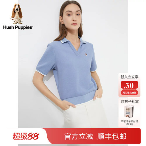 暇步士女夏宽松纯棉v领短袖polo