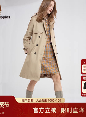 Hush Puppies暇步士女装棉弹混纺舒适透气中长款宽松休闲风衣外套