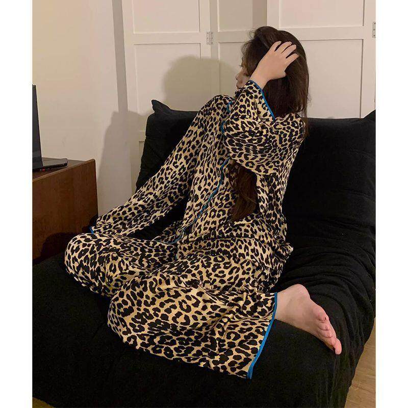 艺术生睡衣新款网红款睡衣女冰雪丝春秋款长袖长裤宽松高级感豹纹