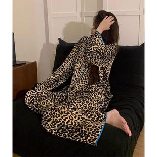 艺术生睡衣新款网红款睡衣女冰雪丝春秋款长袖长裤宽松高级感豹纹