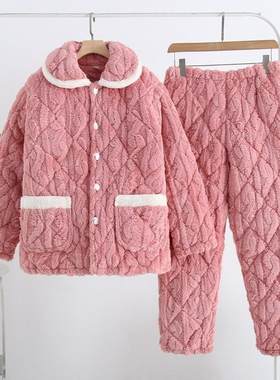 睡衣女冬季加厚加绒特厚孕妇妈妈大码可外穿湖南省服女款家居服男