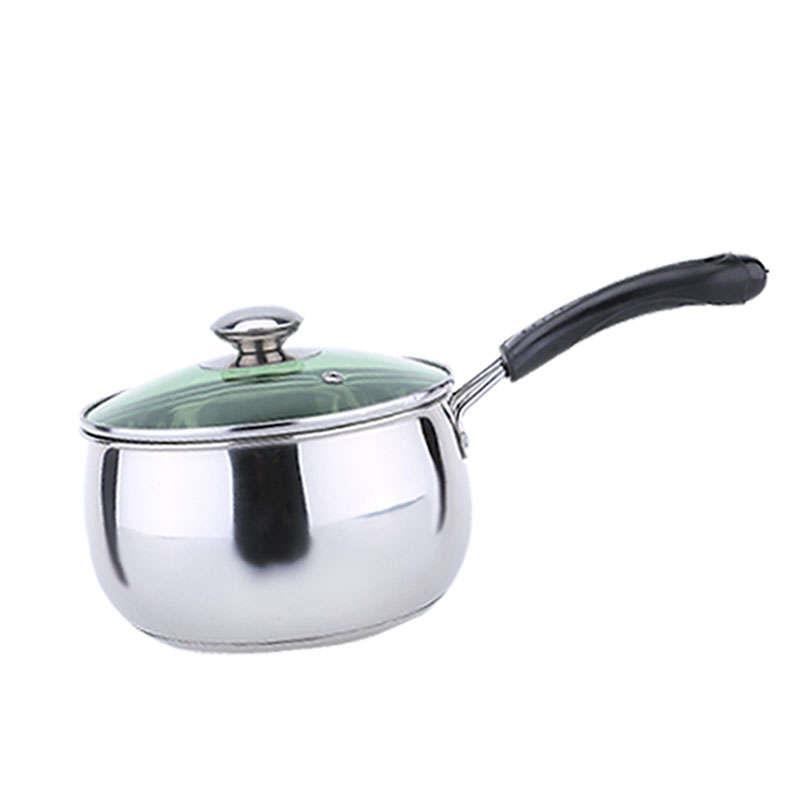 单层不锈钢奶锅单柄复底奶锅不锈钢汤锅煮锅玻璃盖单把小锅粥锅