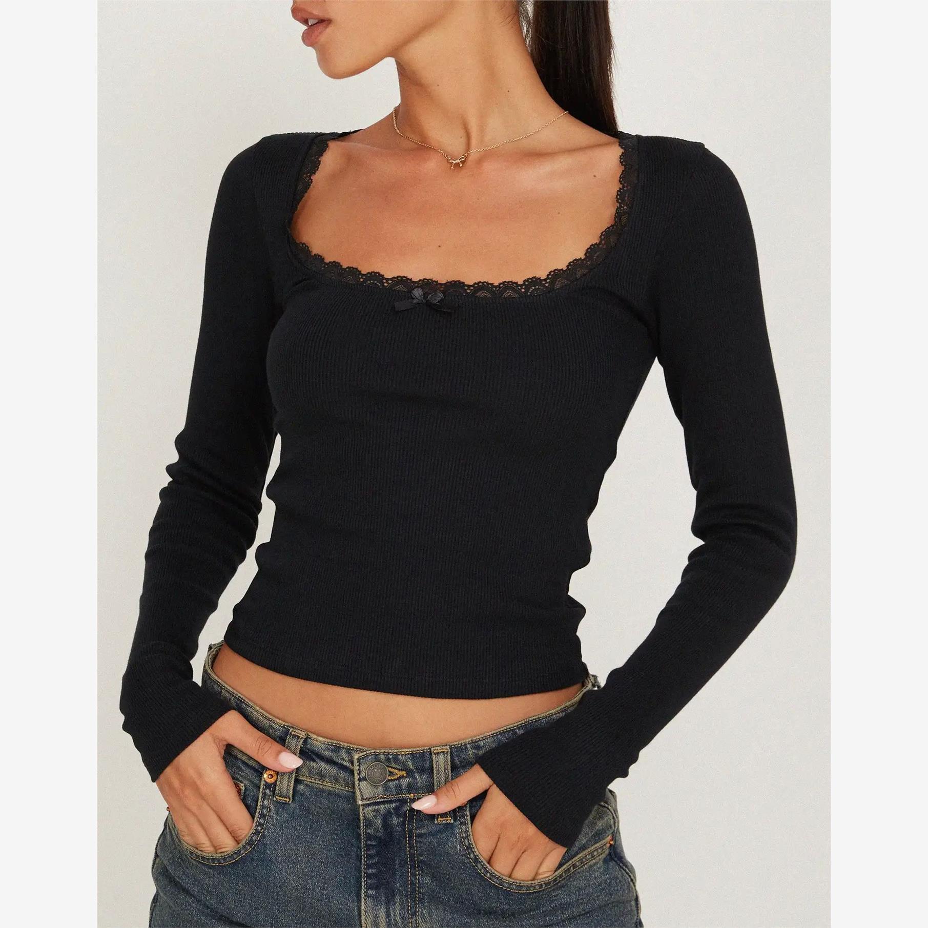 Women Y2K Lace Trim Bow Knitted Tees Long Sleeve Fairy Grung