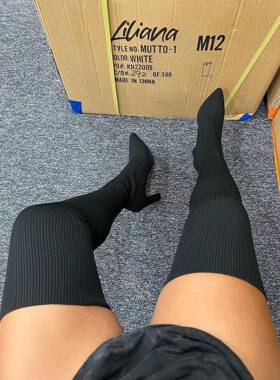 women high heel boots Knee-high boots大码43针织过膝靴长筒靴