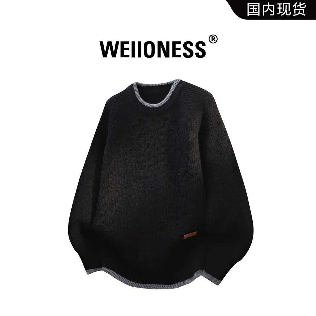WEIIONESS复古圆领毛衣男秋冬潮流休闲宽松针织衫轻奢高级感男装