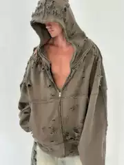 Latui Atelier Park Chae Young's Same Style Washed and Distressed Oversized Autumn and Winter Hooded Sweatshirt Jacket