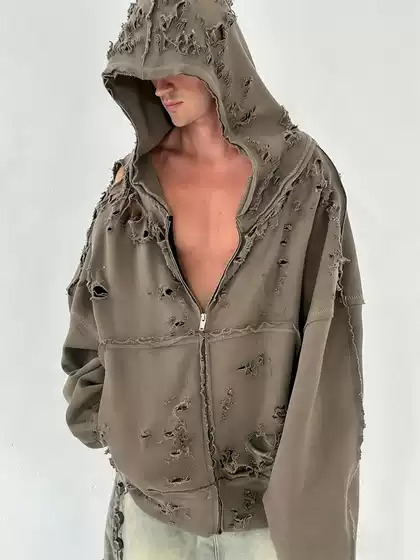 Latui Atelier Park Chae Young's Same Style Washed and Distressed Oversized Autumn and Winter Hooded Sweatshirt Jacket