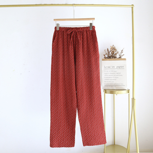 纯棉纱布酒红色睡裤女士长裤绉布全棉春夏秋季高腰宽松碎花可外穿