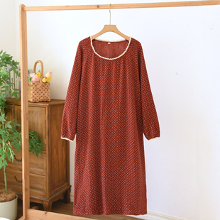红色睡裙女春夏秋季款纯棉纱布长袖可爱碎花睡衣家居服中长款花边