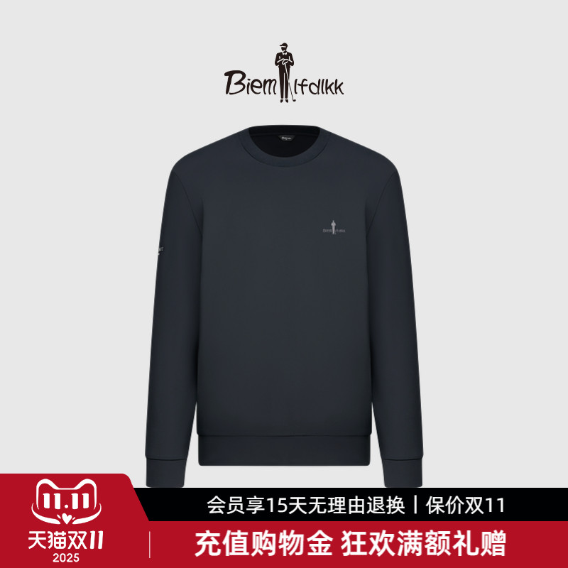 【弹力挺括】比音勒芬秋季男士休闲通勤上衣黑色套头圆领长袖卫衣