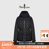 比音勒芬秋冬季 女士轻户外菱形格老花保暖外套白鸭绒连帽羽绒服