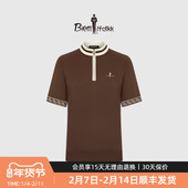 针织羊毛衫 女复古字母撞色立领短袖 18针超细羊毛 比音勒芬秋季