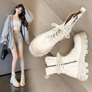 做旧复古马丁靴女款2024新款秋冬真皮靴子女春秋单靴厚底白色短靴