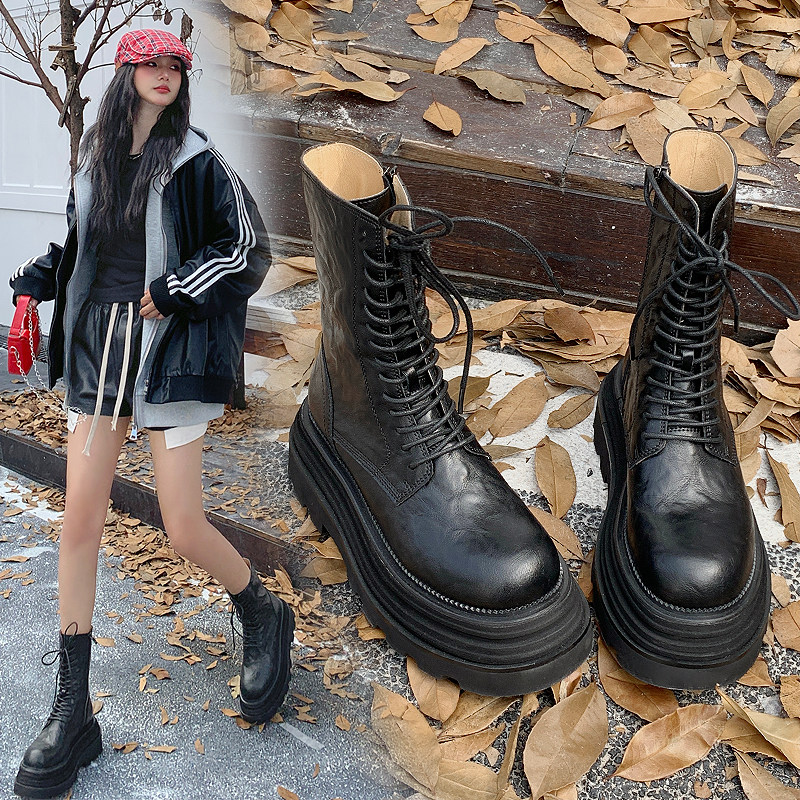 增高马丁靴女款2025新款英伦风靴子女秋冬真皮短靴中筒机车厚底靴