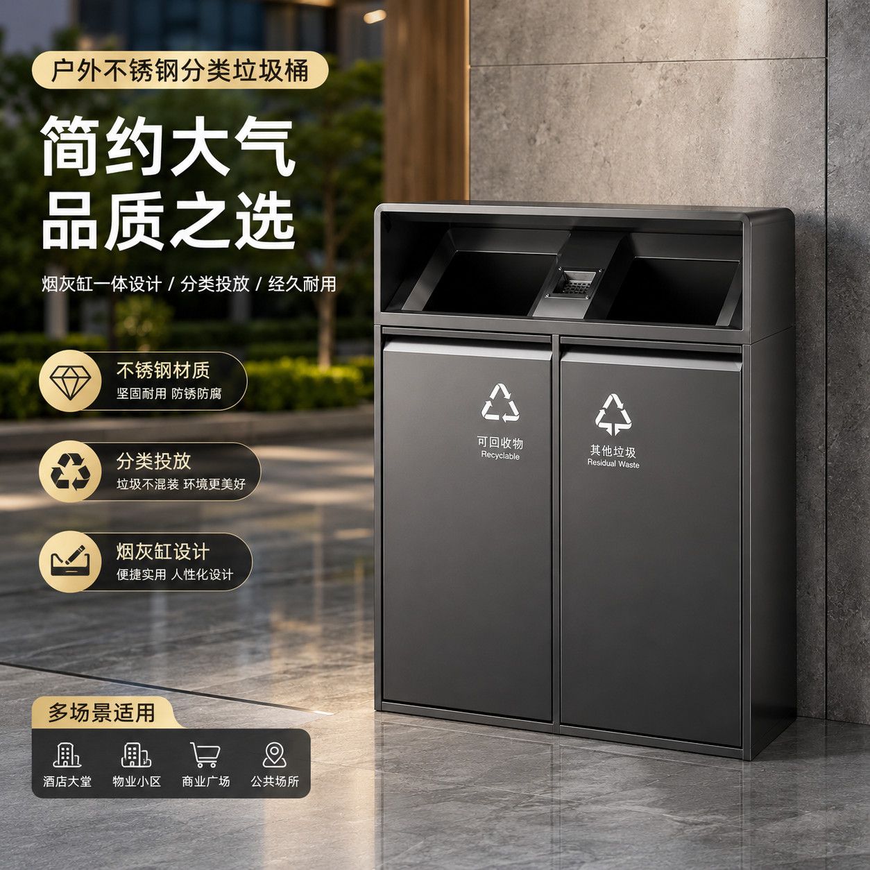 户外垃圾桶不锈钢分类商用物业酒店大堂电梯口走廊立式果皮箱定制