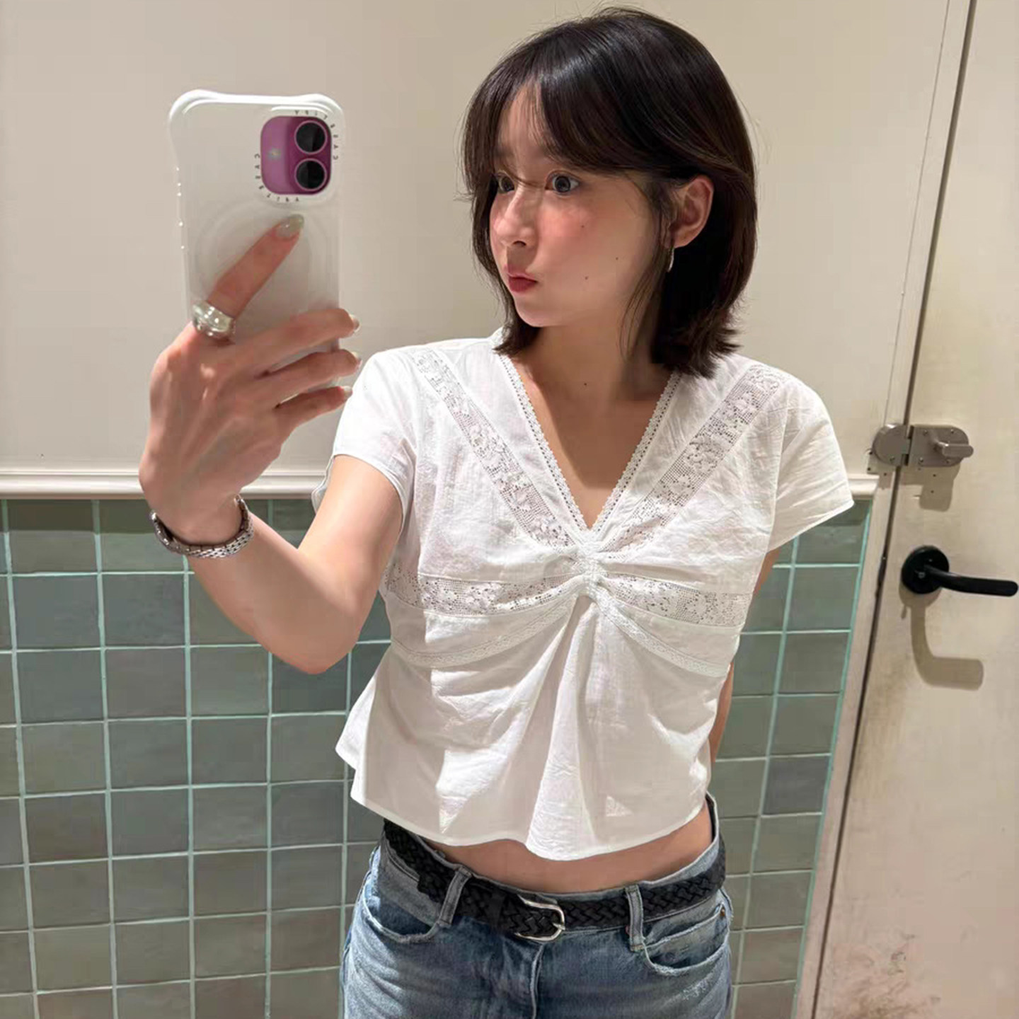 韩国tannat纯色蕾丝系带短袖衬衫