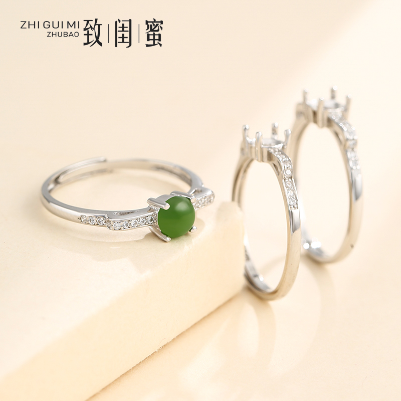 纯银戒指空托diy蜜蜡和田玉时尚
