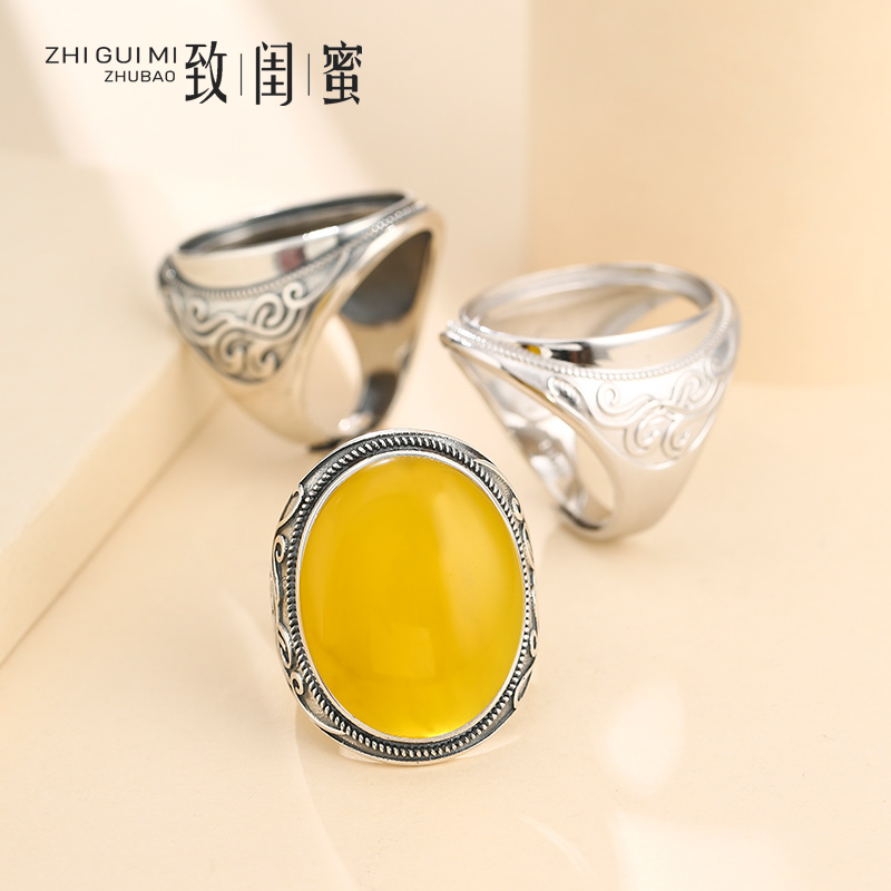 diy纯银复古蜜蜡碧玉戒指空托