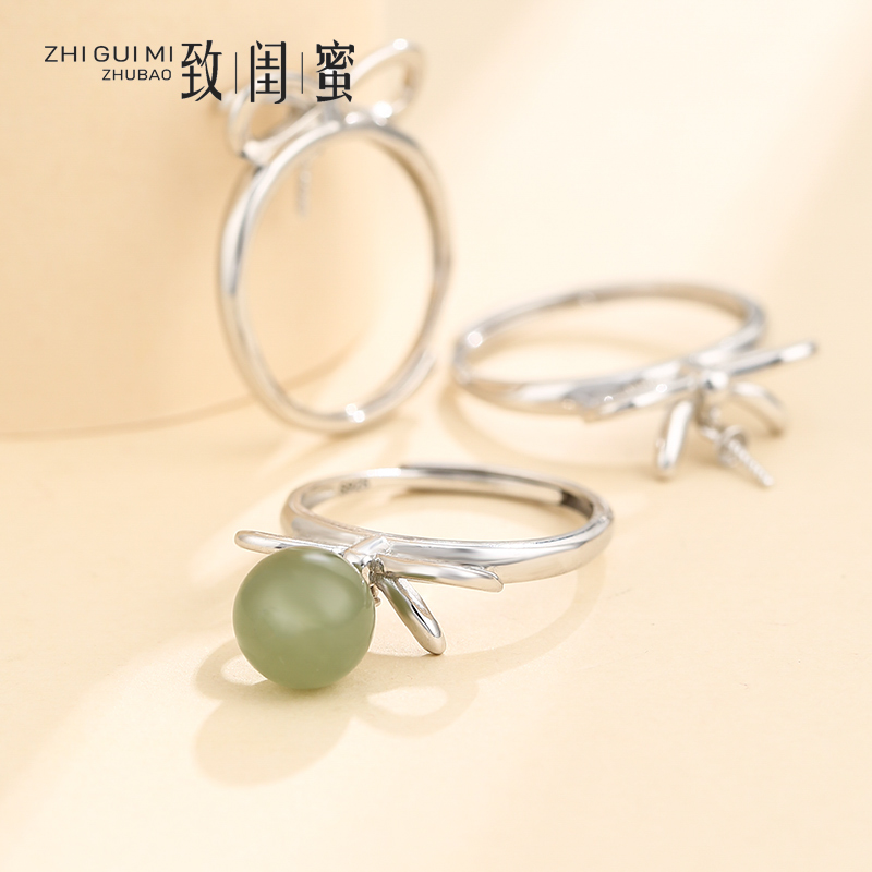 925纯银戒指空托简约蝴蝶结圆珠银戒托diy仿珍珠蜜蜡碧玺指环空托