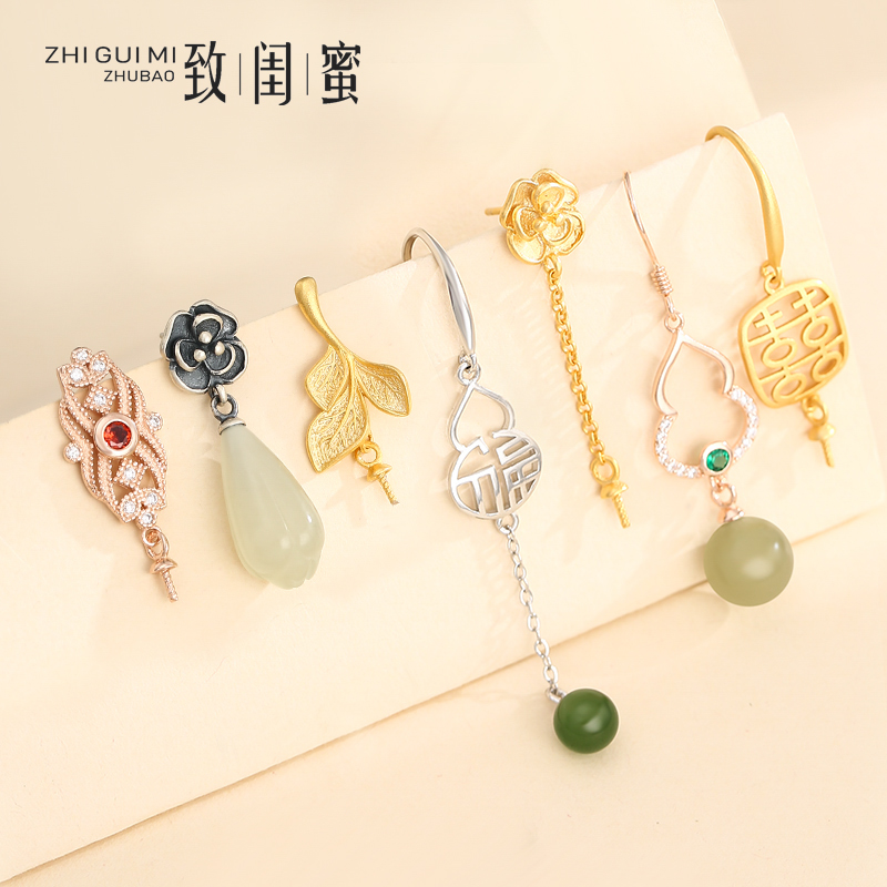 s925纯银耳环耳钩空托diy古法金