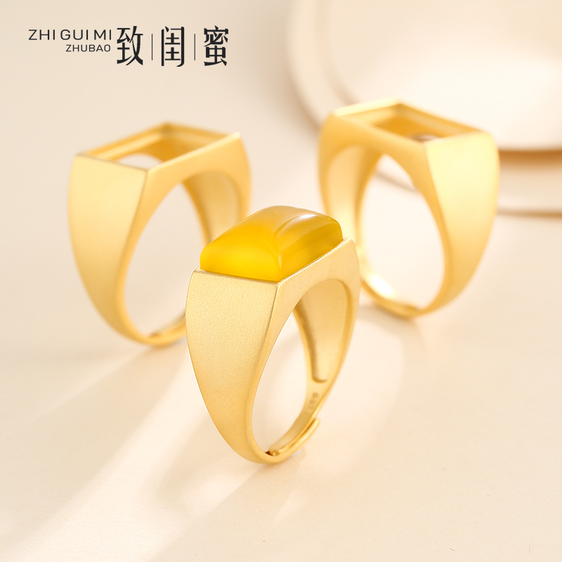 纯银古法碧玉蜜蜡翡翠戒指空托