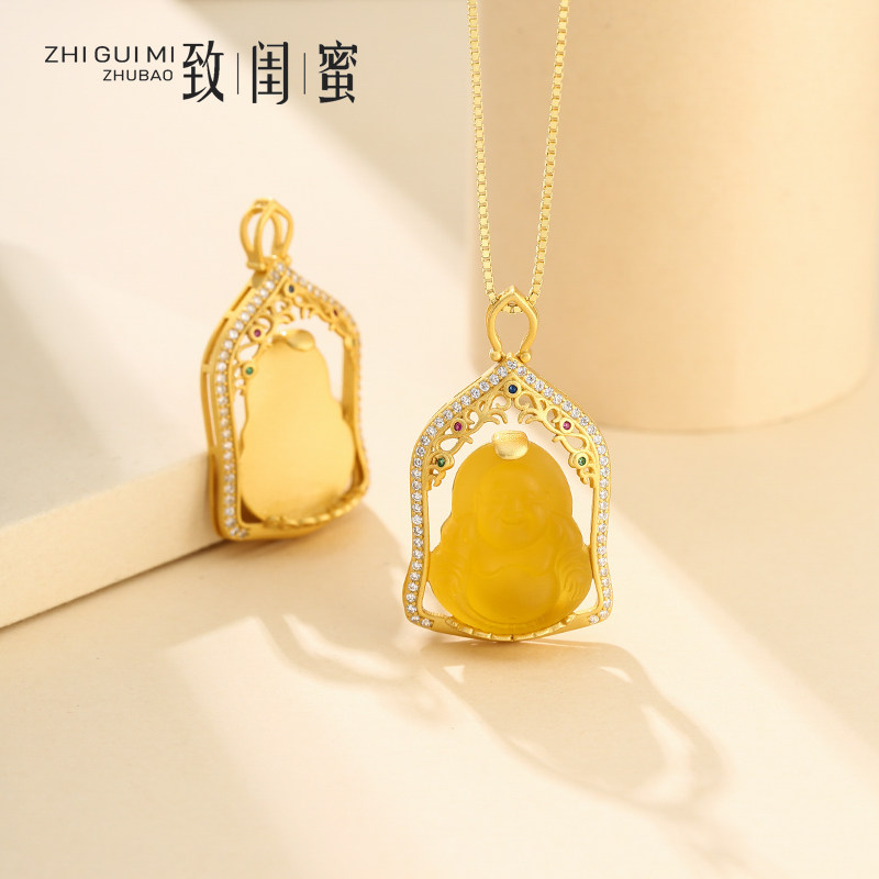 S925纯银吊坠空托女佛公吊坠托空托镶嵌蜜蜡绿松石弥勒佛空托配饰