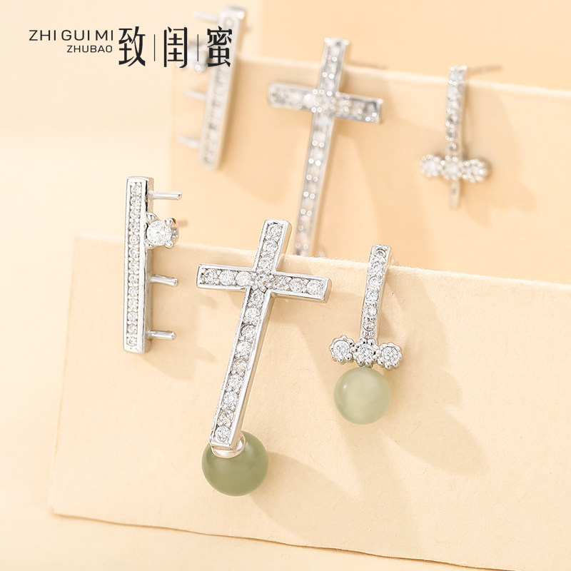 纯银满钻十字架耳钩珍珠