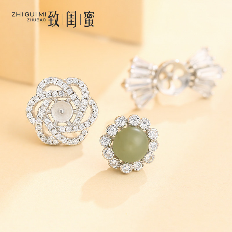 S925纯银耳钉空托 蝴蝶领结款DIY耳钩配件花卉镶圆珠珍珠耳饰空托