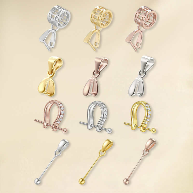 珍珠扣纯银吊坠扣头银扣头diy配件18K金扣头翡翠玉坠扣万能项链扣