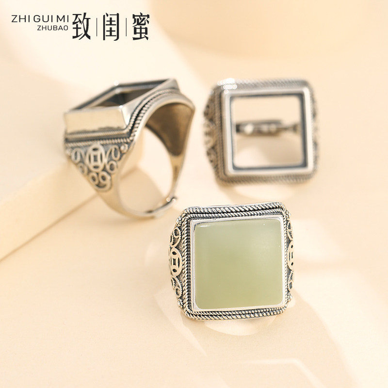 纯银方形戒指琥珀绿松石复古