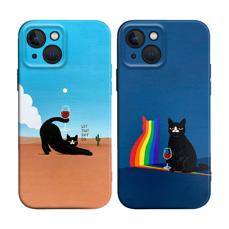 彩虹喝红酒猫咪艺术油画适用iPhone XS Max苹果17/16软壳15pro防摔14手机壳678plus