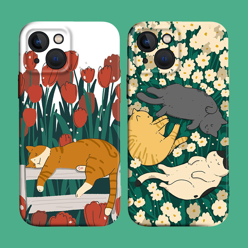 文艺搞笑猫咪睡懒觉插画适用iphone xs max苹果15菲林14pro全包手机壳
