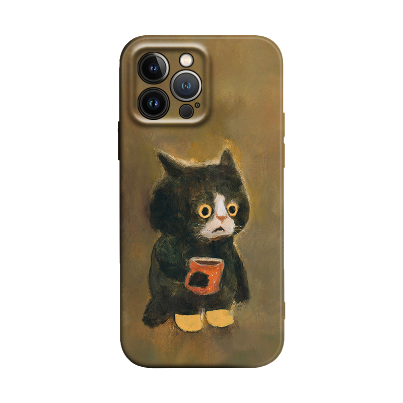 复古喝咖啡的黑猫ins风菲林精孔软壳适用iPhone16Pro防摔15promax/14plus苹果13mini手机壳12/11