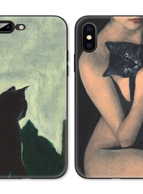 ins冷淡风神秘性感猫咪插画适用iPhone XS Max苹果X/XR/678p软壳
