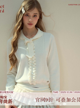 SunsetPark日落公园 森林温暖灰/白木耳花边领结长袖针织毛衣内搭