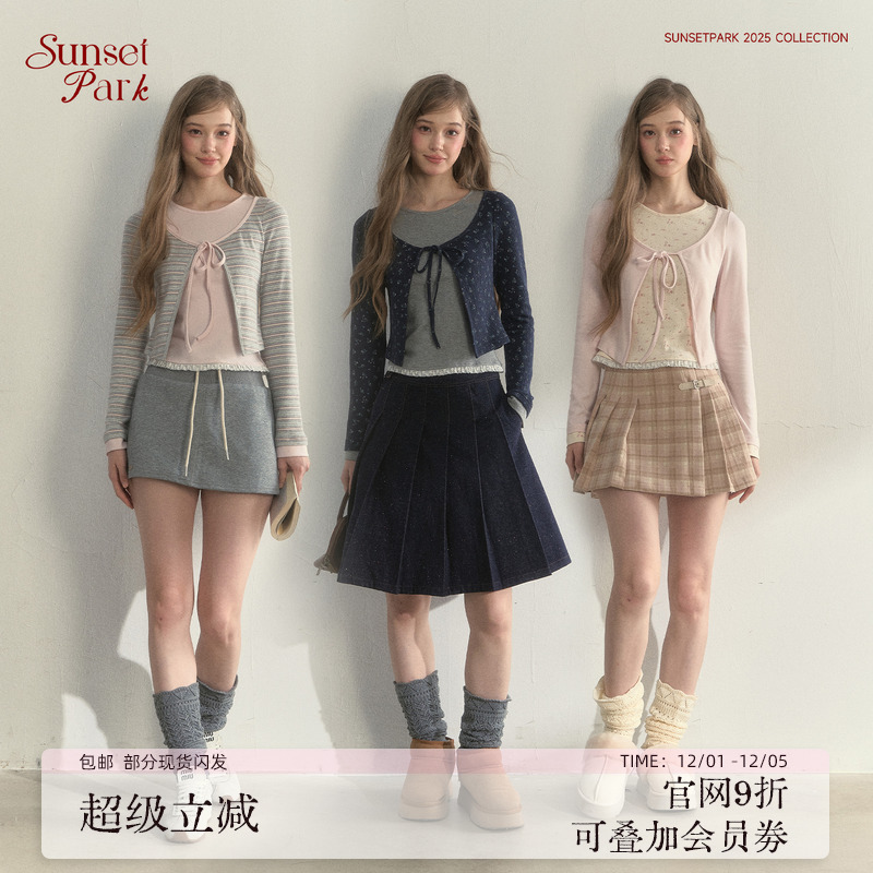 SunsetPark Daily/日落公园 少女假两件韩系撞色条纹/碎花上衣女