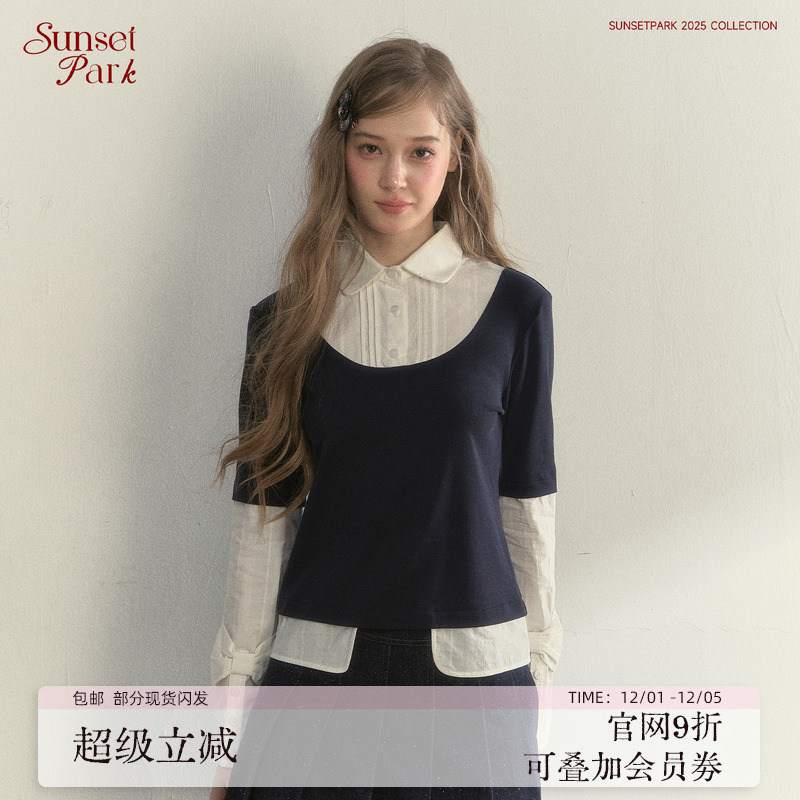 SunsetPark日落公园  复古藏青色假两件衬衫拼接长袖内搭衬衫上衣