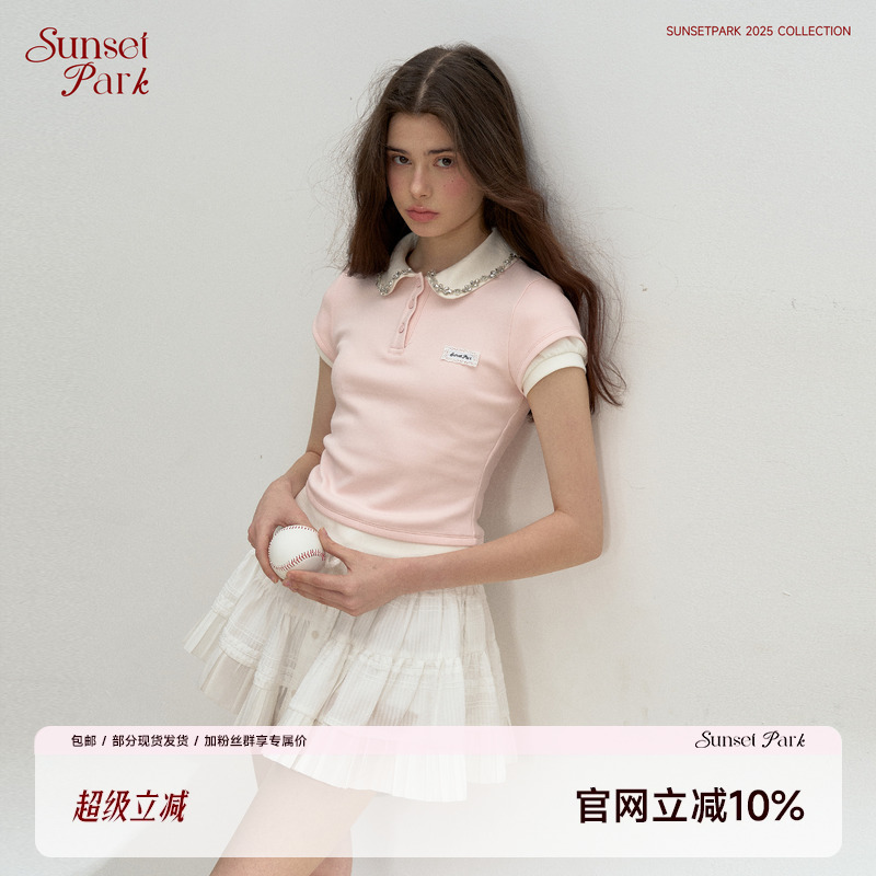 SunsetPark日落公园 粉蓝灰拼接假两件Polo水钻领短袖弹力T恤上衣