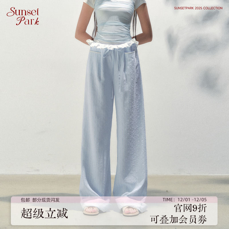 SunsetPark日落公园 Daily日常线_竖条纹抽绳腰头粉蓝休闲长裤夏