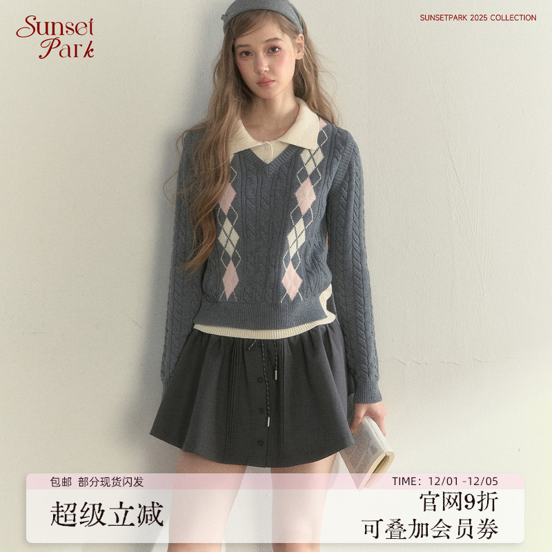 SunsetPark日落公园 复古菱格麻花学院风韩系假两件针织毛衣上衣