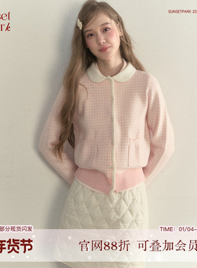 SunsetPark日落公园 小粉格温柔少女娃娃领针织长袖毛衣上衣秋冬
