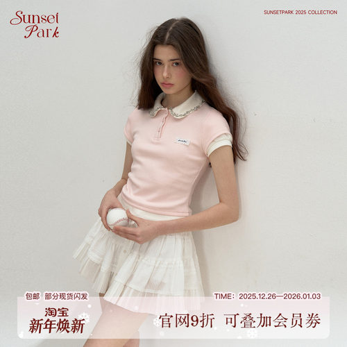 SunsetPark日落公园 粉蓝灰拼接假两件Polo水钻领短袖弹力T恤上衣