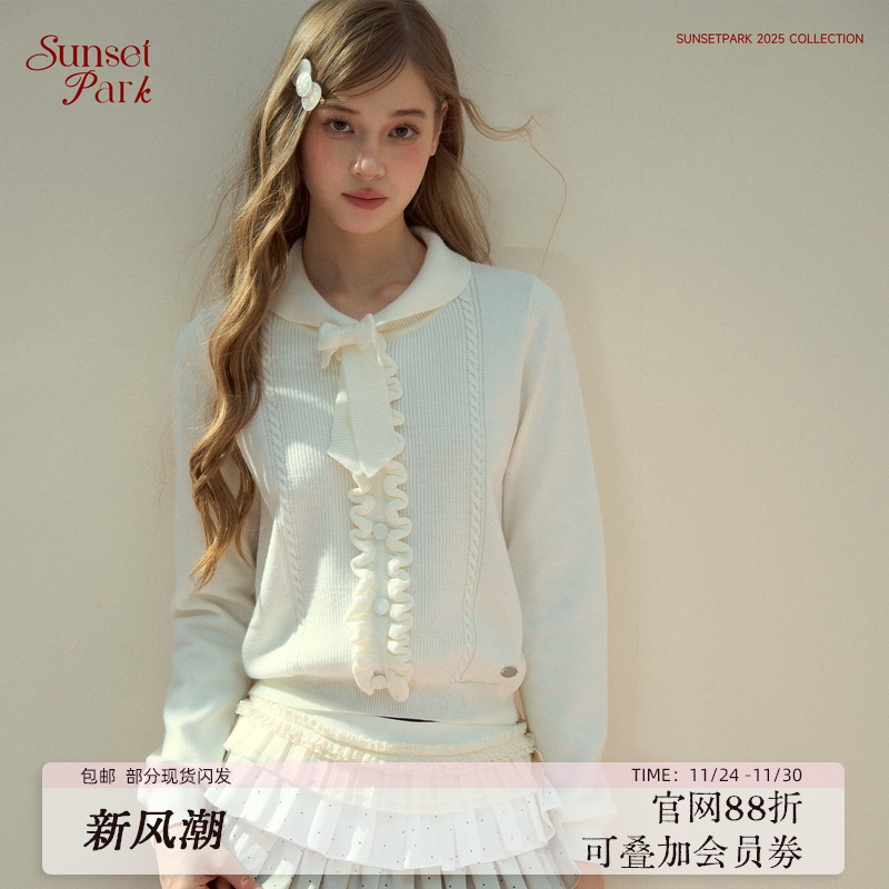 SunsetPark日落公园 森林温暖灰/白木耳花边领结长袖针织毛衣内搭