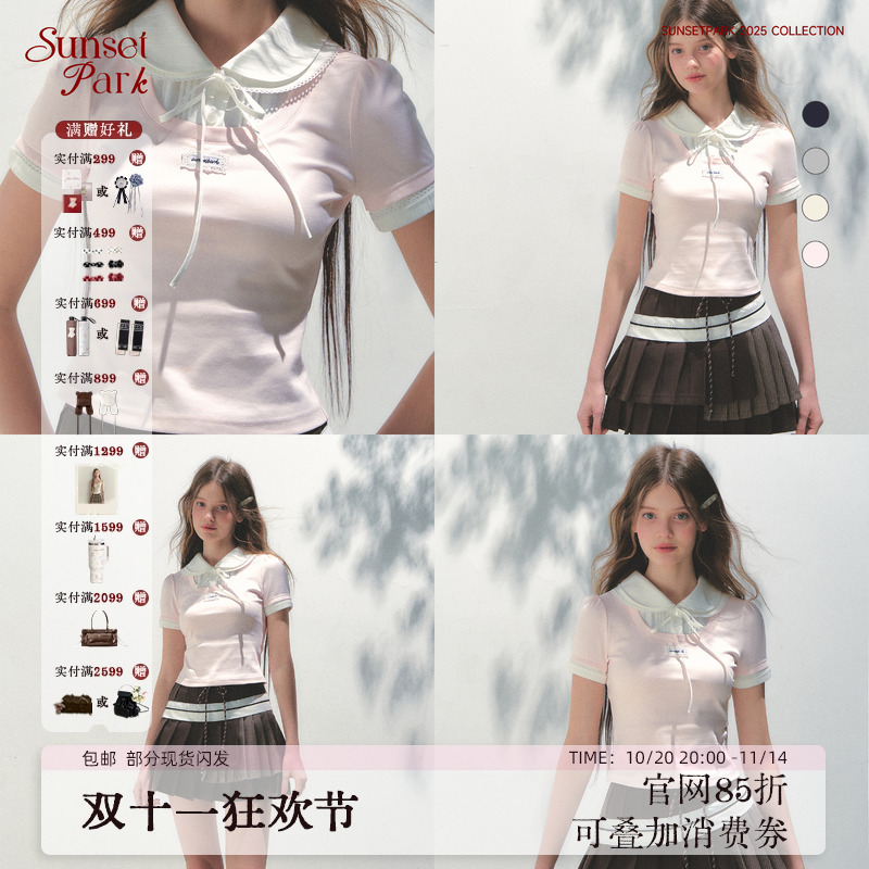SunsetPark日落公园 Daily_少女学院风娃娃领拼接针织短袖上衣T恤