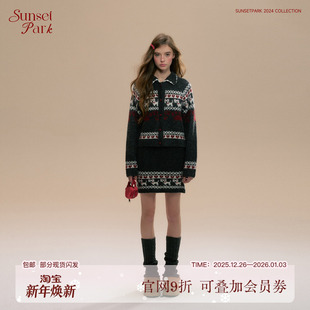 SunsetPark日落公园 深灰色复古针织毛衣外套半裙春 小狗费尔岛