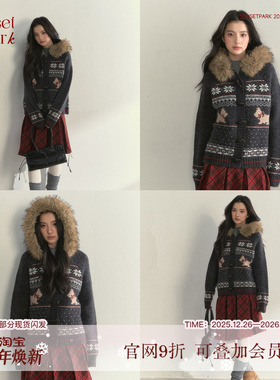 SunsetPark日落公园 深灰复古费尔岛小狗大毛领加厚针织毛衣外套